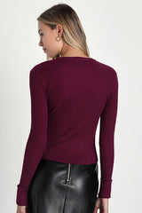 Karlee Plum Purple Ribbed Knit Long Sleeve Sweater Top