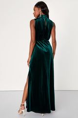 Classic Elegance Emerald Velvet Sleeveless Mock Neck Maxi Dress