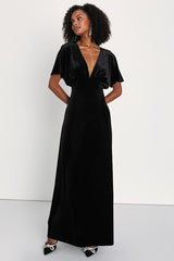Mystical Charm Black Velvet Flutter Sleeve Maxi Dress
