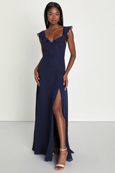 Sweetest Entrance Navy Blue Ruffled Tie-Back Maxi Dress