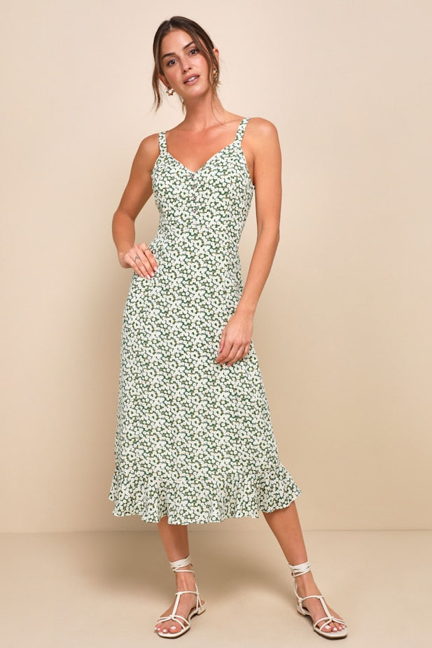 Darling Daisies Green Floral Print Midi Dress