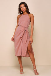Amalfi Muse Rust Brown Striped Cutout Faux Wrap Midi Dress