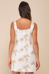 Flawlessly Breezy Ivory Palm Tree Embroidered Mini Dress