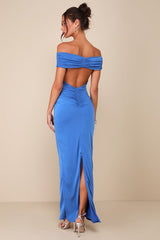Brilliant Elegance Blue Off-the-Shoulder Backless Maxi Dress