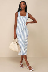 Constantly Trendy Blue Striped Crinkle Bodycon Midi Dress