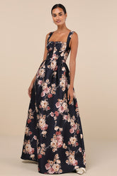 Elegant Pick Navy Blue Floral Sleeveless Bustier Maxi Dress
