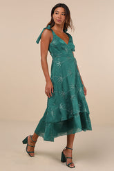 Elegant Direction Green Embroidered Ruffled Tie-Strap Midi Dress
