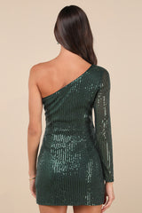 All Time Shine Emerald Sequin One-Shoulder Mini Dress
