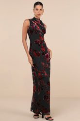 Composed Glamour Red and Black Burnout Velvet Maxi Dress