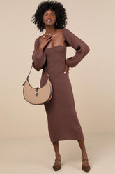 Autumn Aura Brown Ribbed Two-Piece Sweater Dress