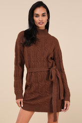 Warmed Up To You Brown Cable Knit Mock Neck Sweater Dress