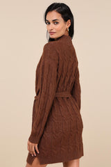 Warmed Up To You Brown Cable Knit Mock Neck Sweater Dress