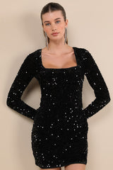 Marvelous Radiance Black Sequin Cutout Long Sleeve Mini Dress