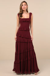 Compelling Romantic Burgundy Ruffled Tiered Maxi Dress