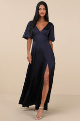Elegant Confidence Navy Satin Flutter Sleeve Cutout Maxi Dress