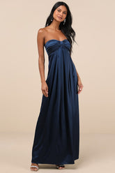 Memorable Entrance Dark Blue Strapless Satin Maxi Dress