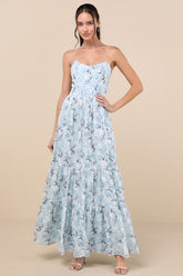 Special Moment Light Blue Floral Strapless Bustier Maxi Dress