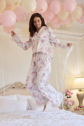 Dreamiest Delight Floral Satin Feather Two-Piece Pajama Set