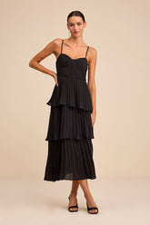 Cascading Crush Black Tiered Bustier Midi Dress