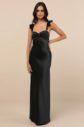 Exuberant Luxury Black Satin Ruffled Lace-Up Maxi Dress