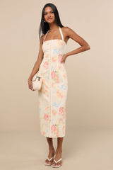 Arrosa Light Yellow Floral Halter Midi Dress