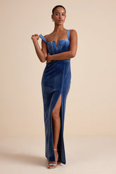 Pristine Luxury Blue Velvet Bustier Maxi Dress