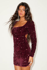 Marvelous Radiance Burgundy Sequin Cutout Long Sleeve Mini Dress
