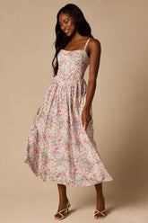 Dinette Ivory Multi Floral Basque Waist Midi Dress