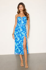 Chania Blue Abstract Strapless Midi Dess