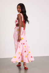 Nabina Light Pink Multi Print Tie-Front Maxi Dress