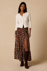 Subtle Sweetness Brown Floral Print Tiered Maxi Skirt