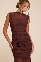 Montecito Brown Mesh Trumpet Maxi Dress