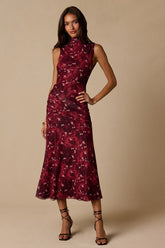 Neeka Burgundy Floral Sleeveless Midi Dress