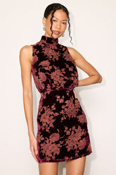 Gorgeous Darling Burgundy Floral Velvet Mock Neck Mini Dress