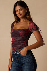 Zaharina Plum Floral Mesh Ruched Short Sleeve Bodysuit