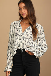 Keep Things Classy Beige Floral Print Button-Up Long Sleeve Top