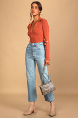 You Belong Here Rust Orange Ribbed Collared Long Sleeve Bodysuit