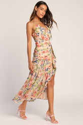 Stunning Soiree Blush Pink Floral Print Ruched Midi Dress