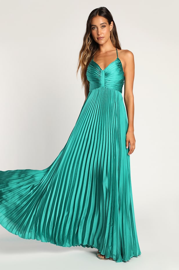 Dreaming in Color Green V-Neck Pleated Satin Maxi Dress