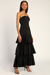Blissfully Beautiful Black Satin Strapless Tiered Maxi Dress