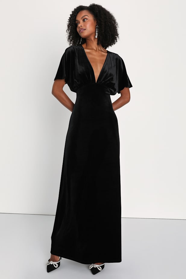 Mystical Charm Black Velvet Flutter Sleeve Maxi Dress