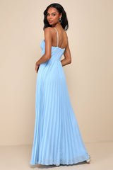 Admirable Elegance Light Blue Pleated Bustier Maxi Dress