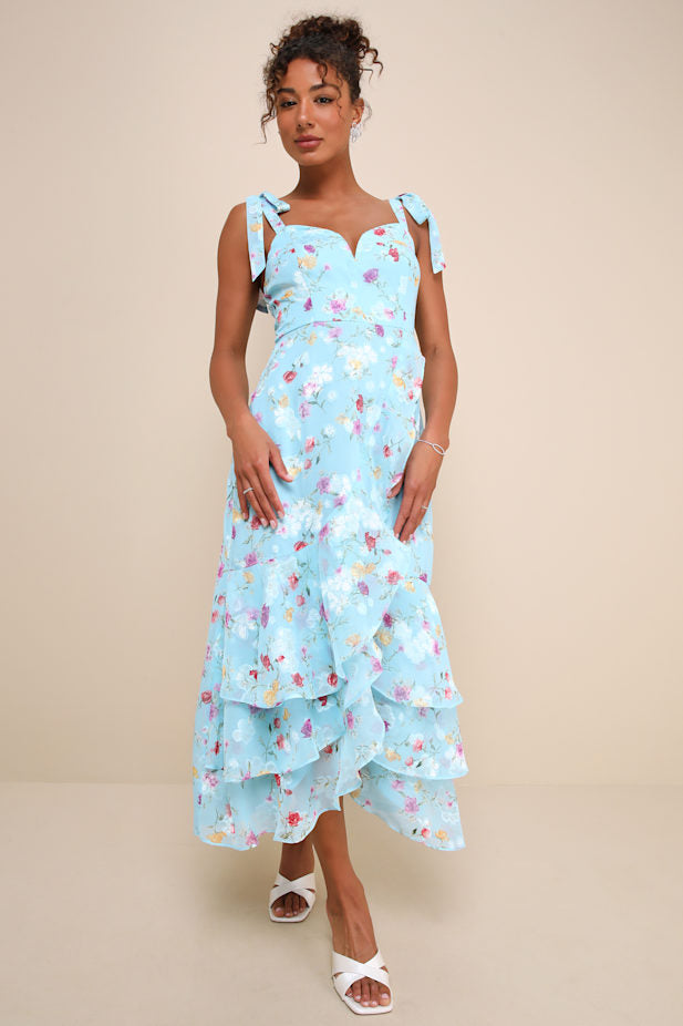So Elevated Blue Floral Jacquard Tie-Strap High-Low Midi Dress