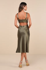 Unmatched Elegance Olive Satin Sleeveless Midi Dress