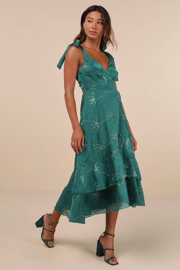 Elegant Direction Green Embroidered Ruffled Tie-Strap Midi Dress