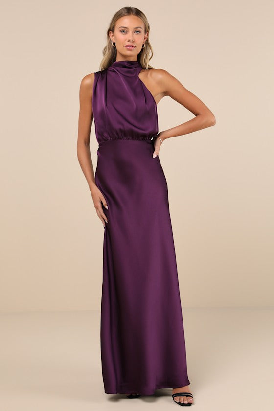 Distinctive Charm Purple Satin Asymmetrical Maxi Dress