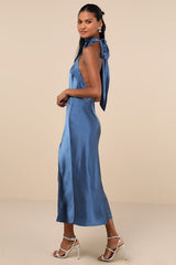 Exceptional Status Blue Halter Backless Slip Midi Dress