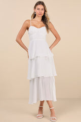Cascading Crush White Tiered Bustier Midi Dress