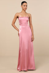 Extraordinary Presence Pink Satin Strapless Maxi Dress