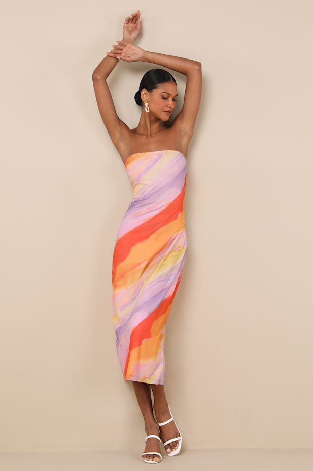 Jaylah Lavender Multi Mesh Strapless Midi Dress